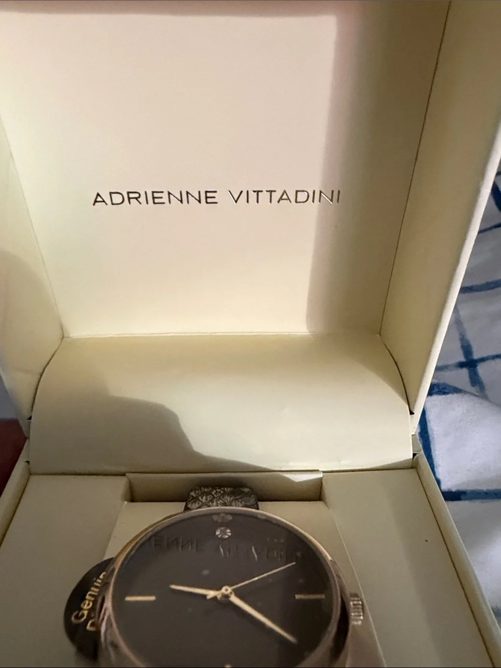 Adrienne Vittadini Black Dial Watch with Gold Case and Snake-Print Strap